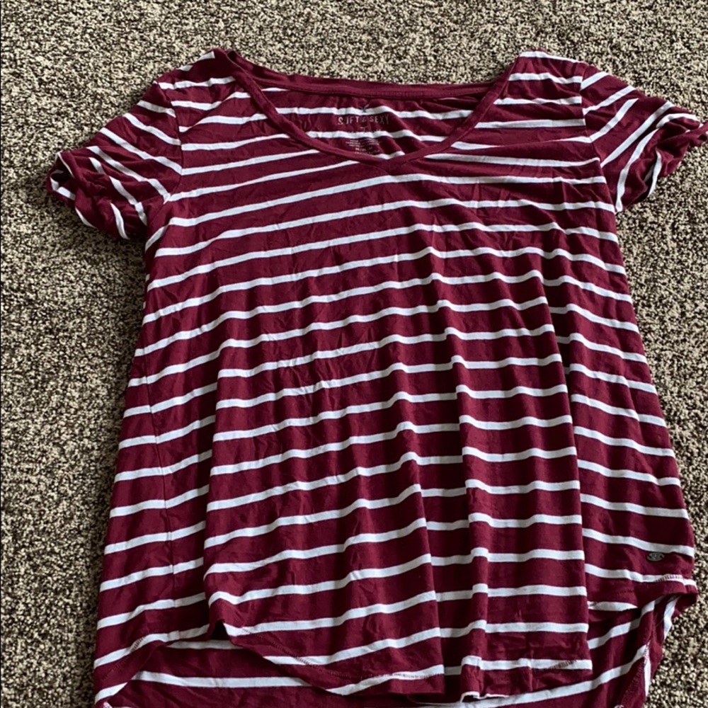 American Eagle Maroon Striped Soft + Sexy T shirt